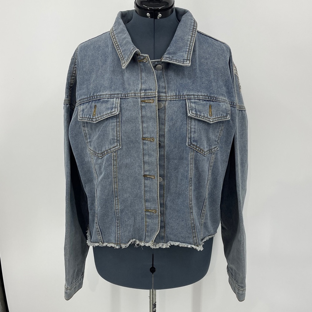 SHEIN Blue Denim Jacket BEDAZZLED STARS ON BACK WOMEN SIZE. 3X